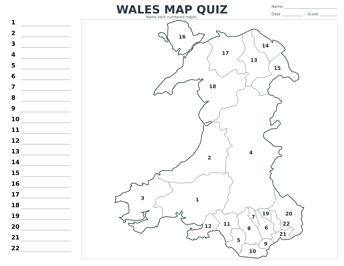 Quiz cartographique imprimable pour Wales avec 22 régions numérotées.