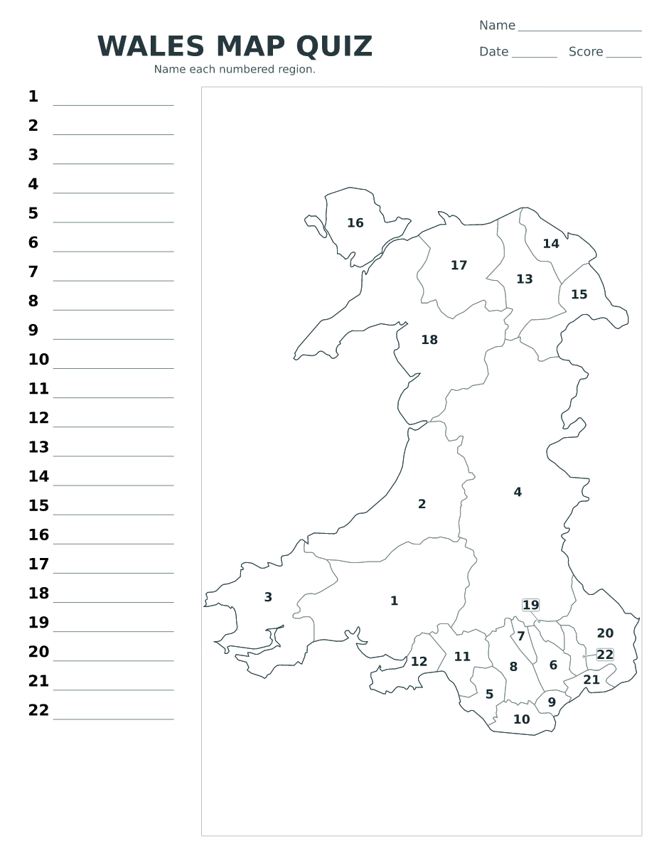 Cuestionario imprimible del mapa de Wales con 22 regiones numeradas.