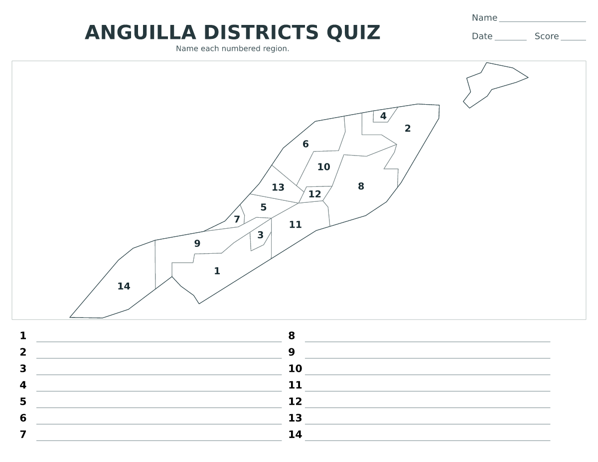 Cuestionario de distritos: Anguilla con 14 distritos con números.