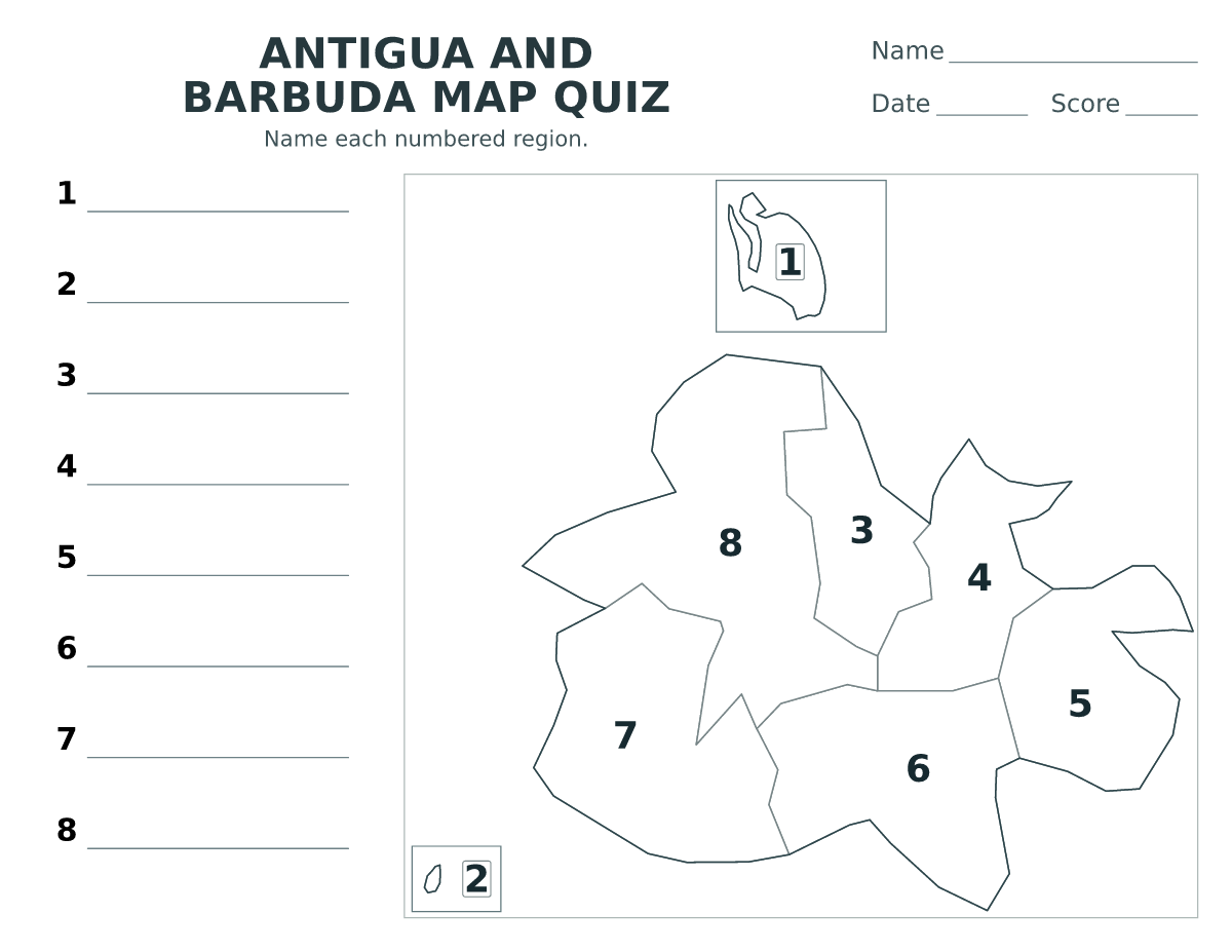 Cuestionario imprimible del mapa de Antigua and Barbuda con 8 regiones numeradas.