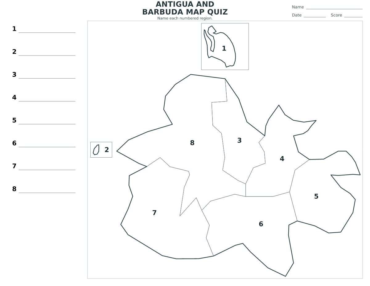 Antigua and Barbuda Dependencies and Parishes Quiz with 8 numbered dependencies and parishes.
