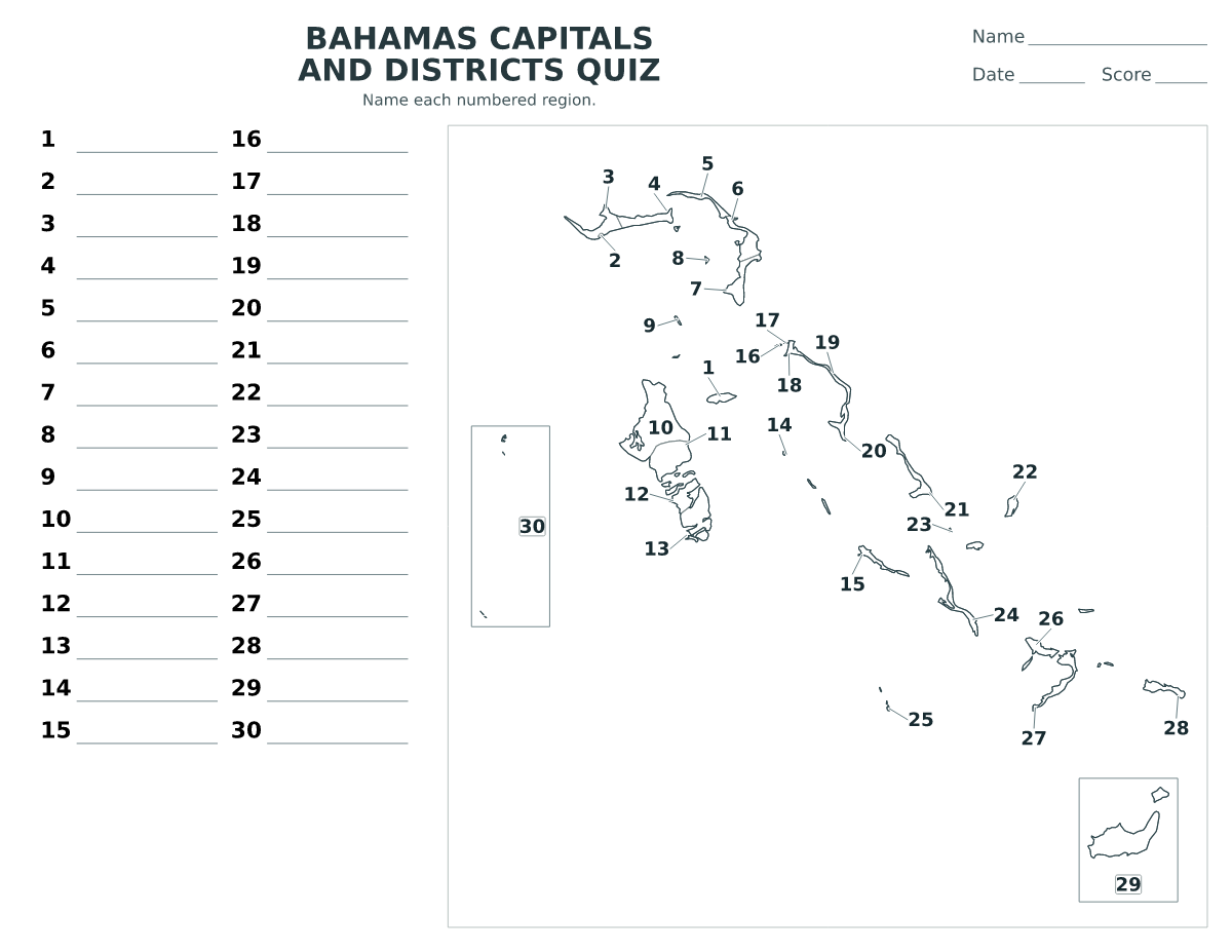 Cuestionario imprimible del mapa de Bahamas con 30 regiones numeradas.