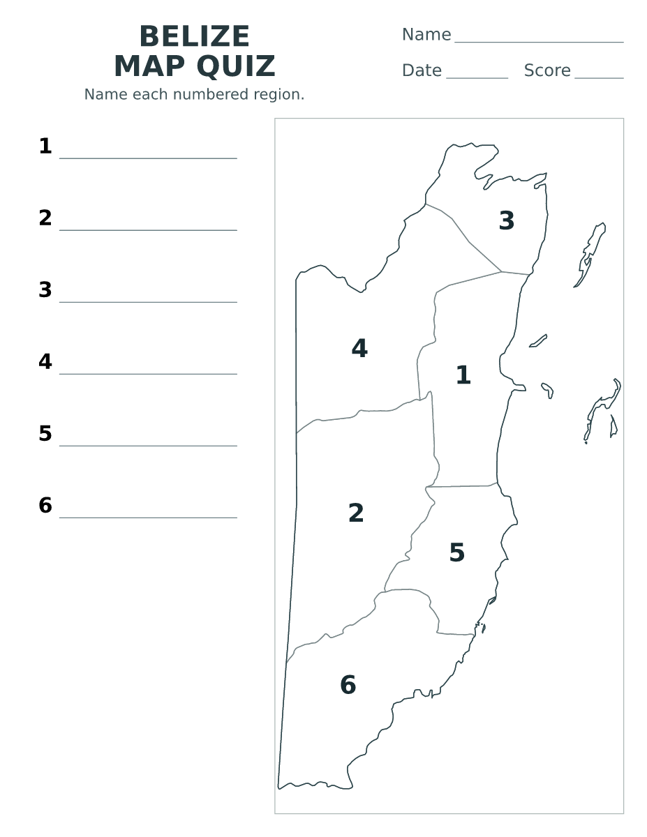 Cuestionario de distritos: Belize con 6 distritos con números.