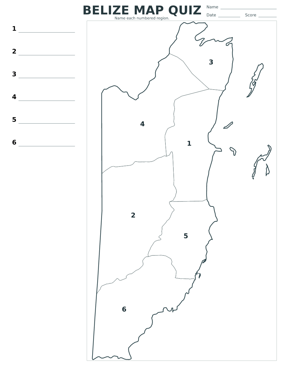 Quiz des districts : Belize avec 6 districts avec numéros.
