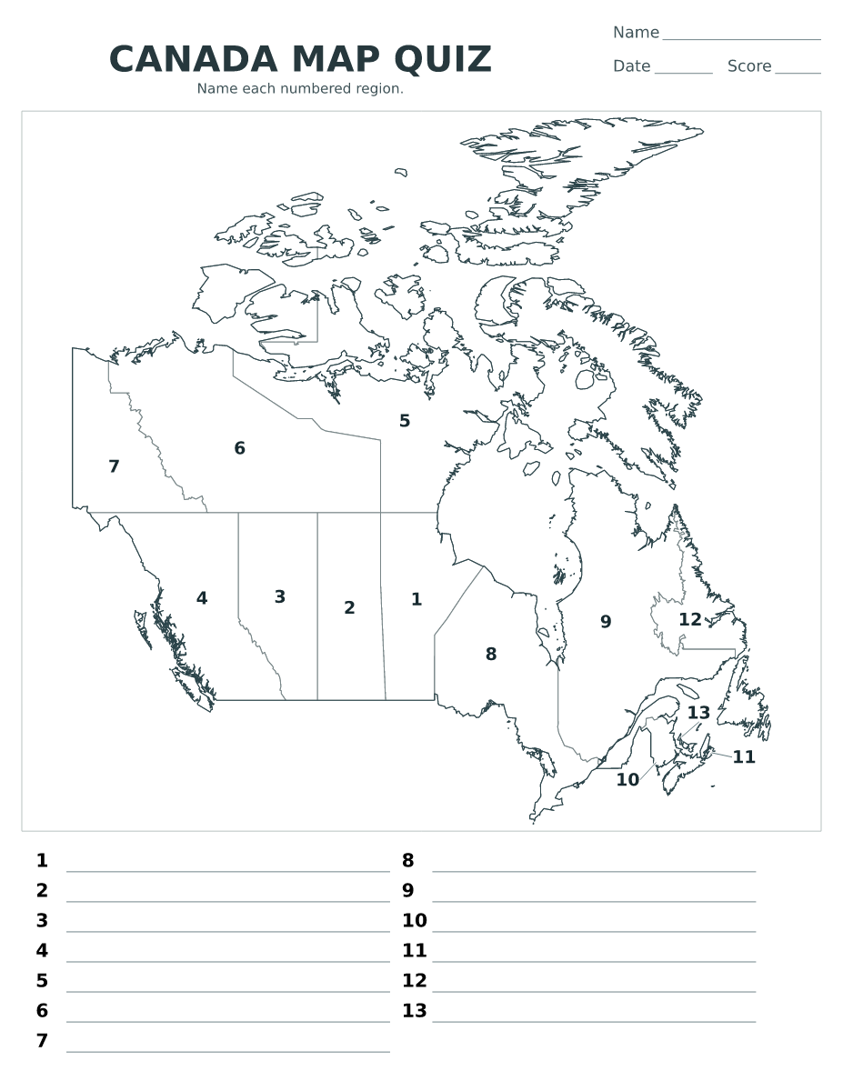 Ejercicio de geografía con un mapa numerado de Canada
