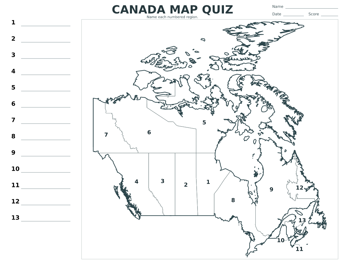 Cuestionario de provincias y territorios: Canada con 13 provincias y territorios con números.