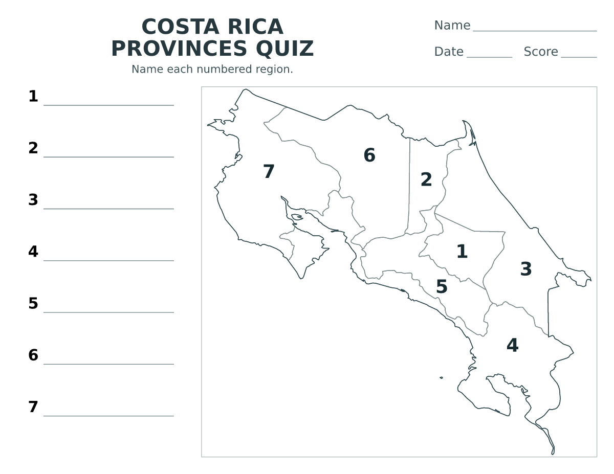 Cuestionario de provincias: Costa Rica con 7 provincias con números.