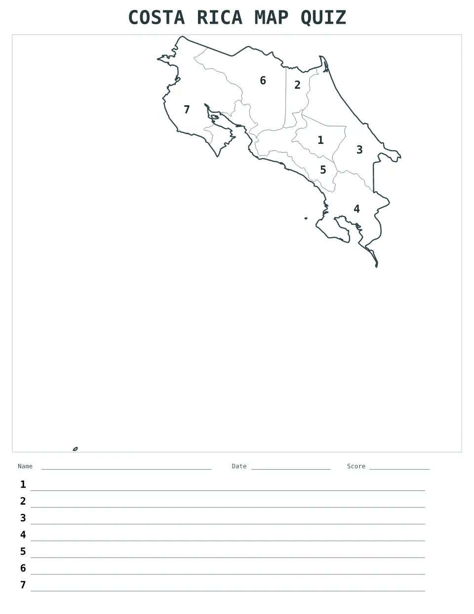 Vista previa del mapa Cuestionario numerado de Costa Rica