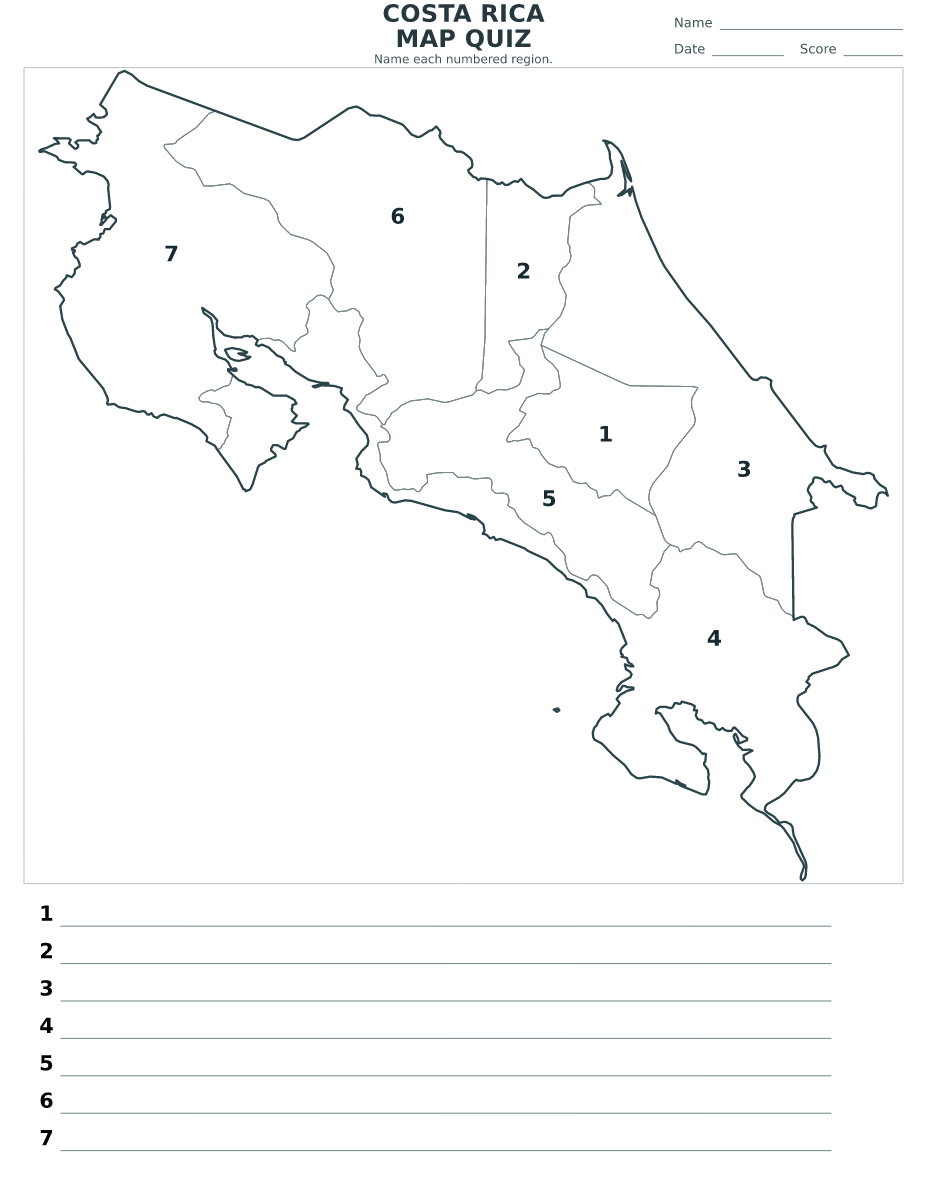 Cuestionario de provincias: Costa Rica con 7 provincias con números.