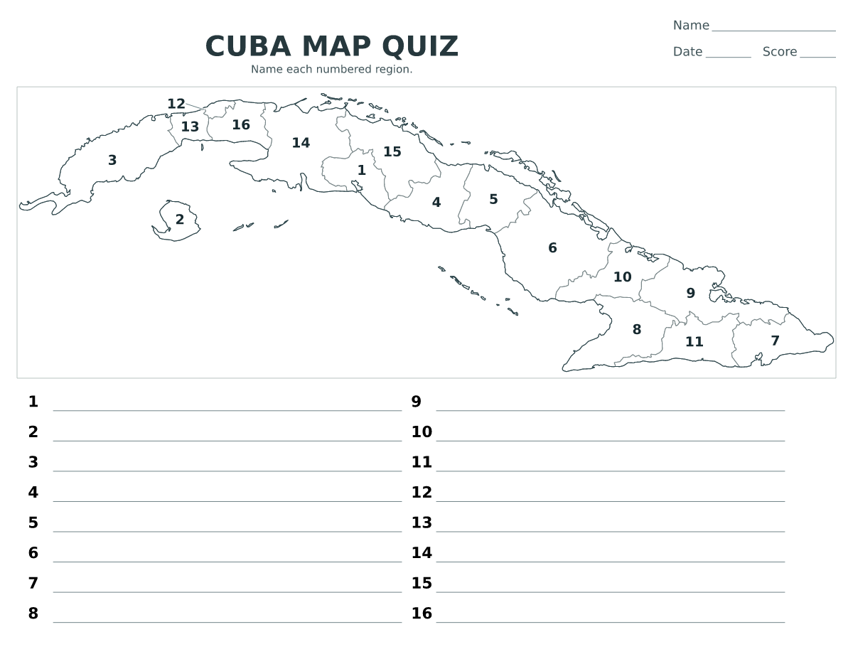 Cuestionario imprimible del mapa de Cuba con 16 regiones numeradas.