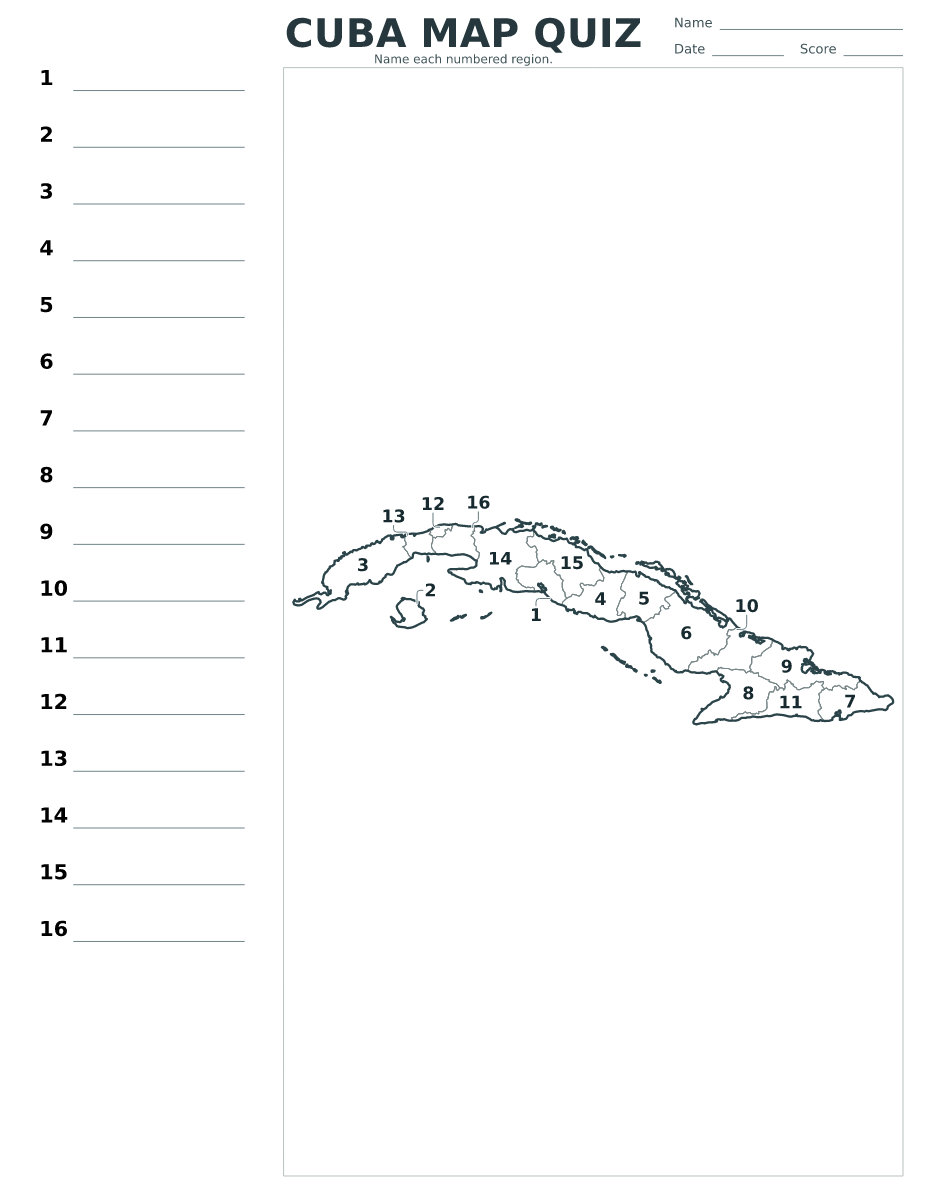 Cuba Provinces and Special Municipalities Quiz with 16 numbered provinces and special municipalities.