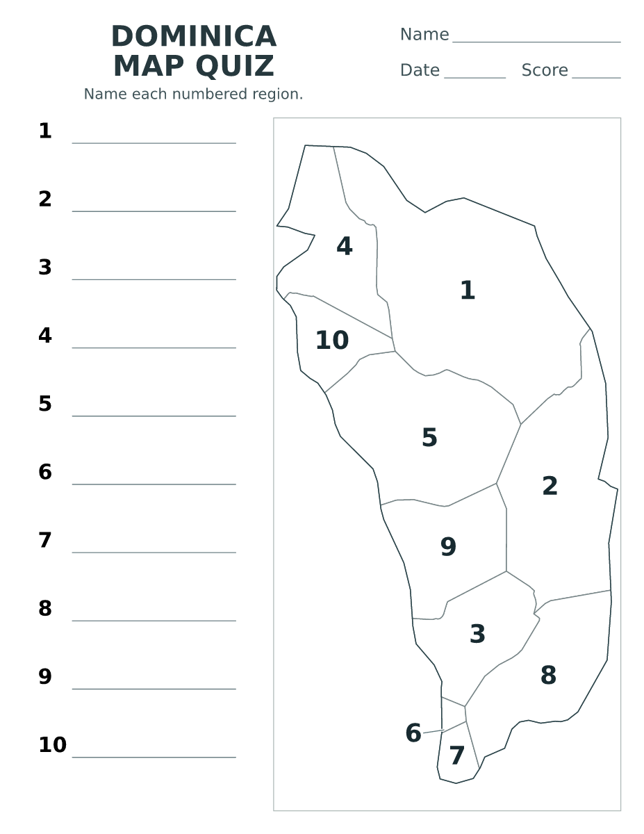 Cuestionario de parroquias: Dominica con 10 parroquias con números.