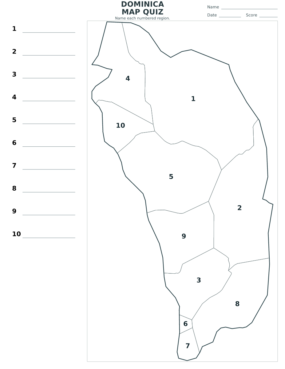 Dominica Parishes Quiz with 10 numbered parishes.