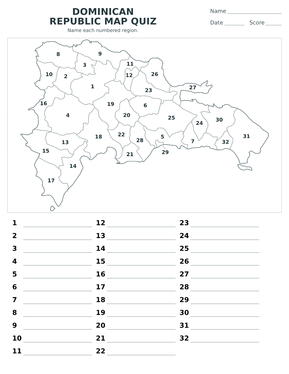 Cuestionario imprimible del mapa de Dominican Republic con 32 regiones numeradas.