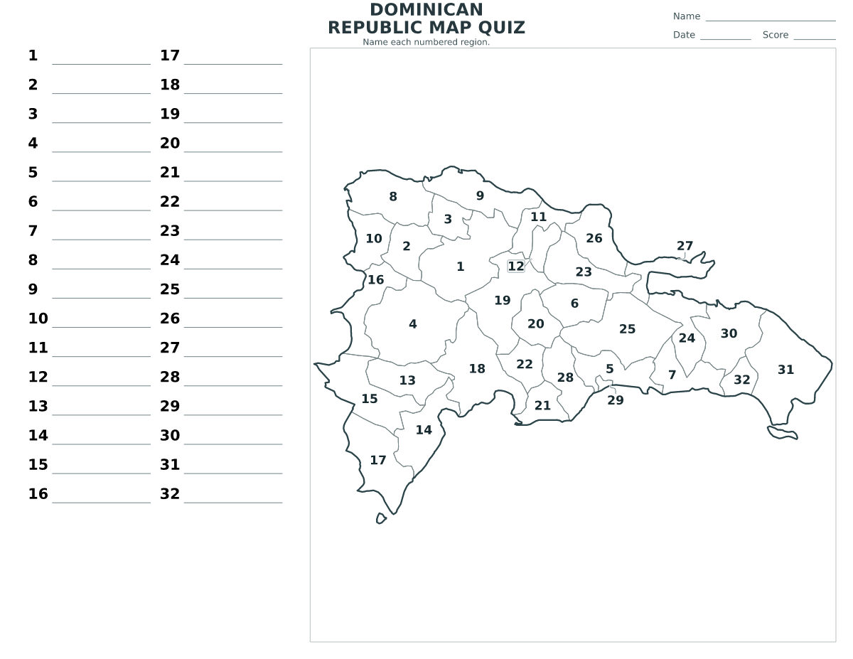 Dominican Republic National Districts and Provinces Quiz with 32 numbered national districts and provinces.
