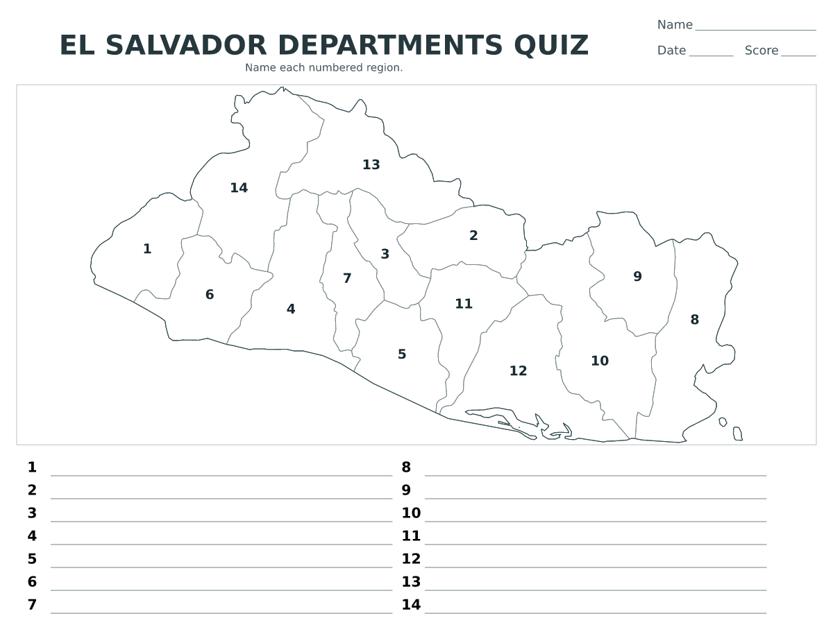 Cuestionario de departamentos: El Salvador con 14 departamentos con números.
