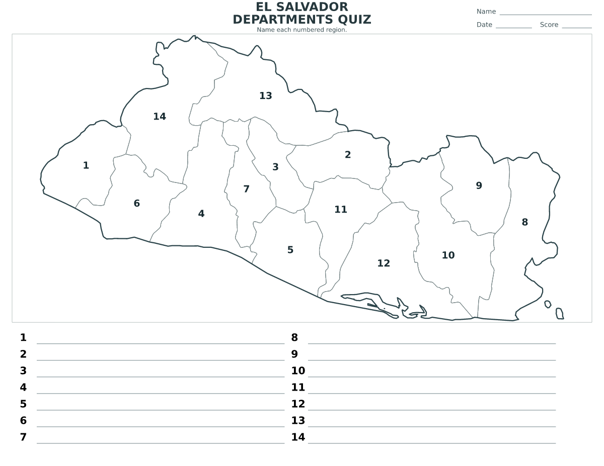 Cuestionario de departamentos: El Salvador con 14 departamentos con números.