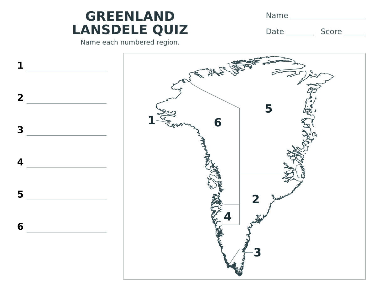Cuestionario imprimible del mapa de Greenland con 6 regiones numeradas.