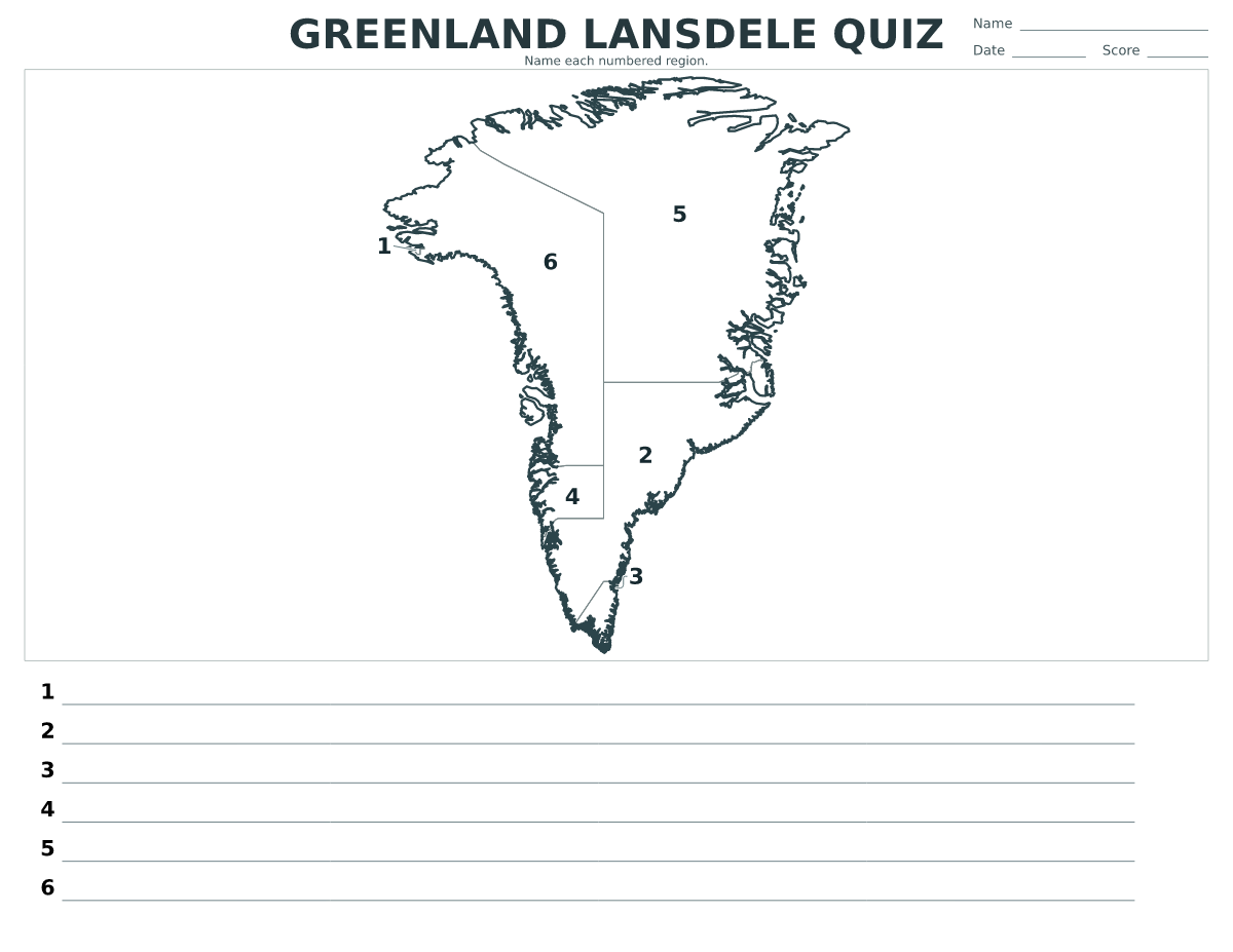Quiz cartographique imprimable pour Greenland avec 6 régions numérotées.