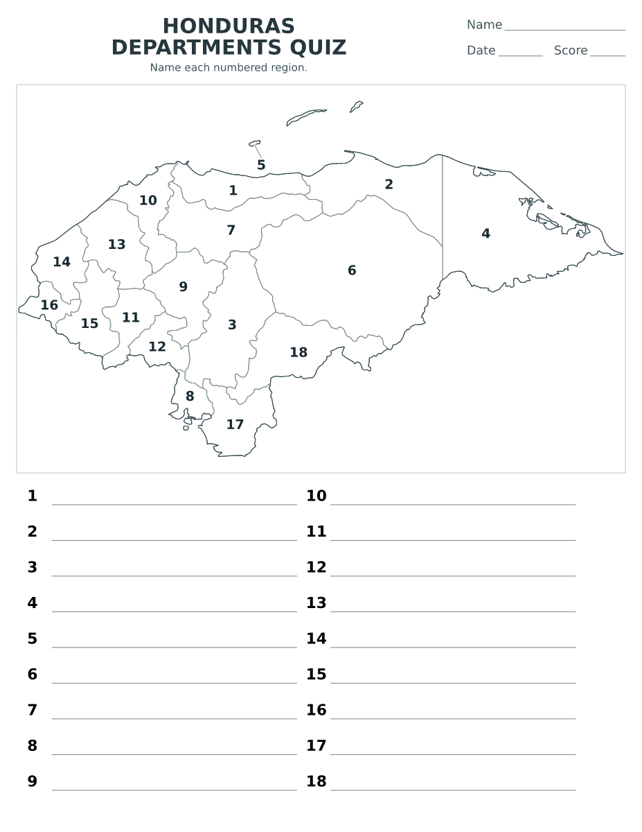 Cuestionario de departamentos: Honduras con 18 departamentos con números.
