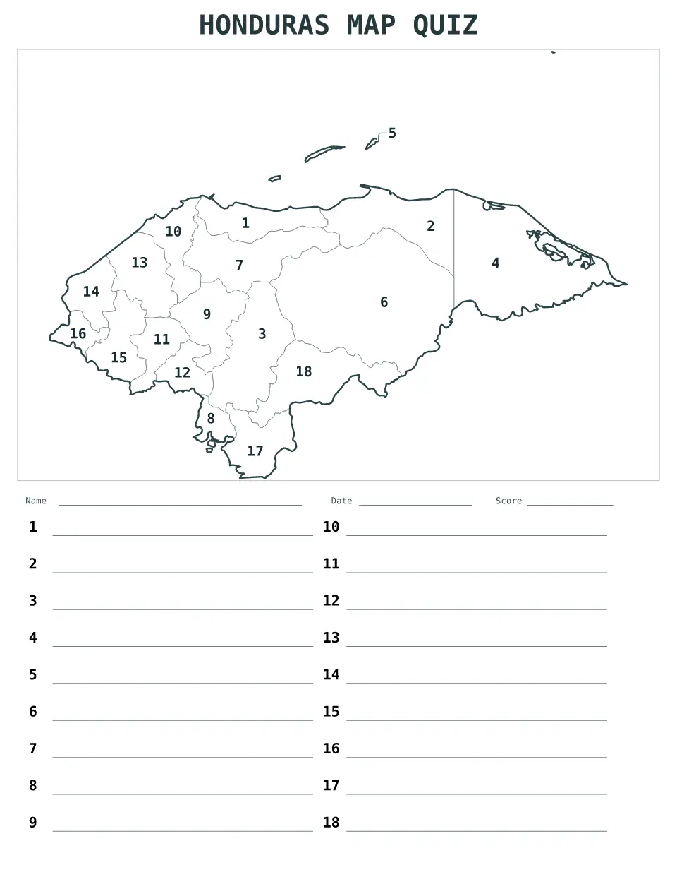 Honduras Numbered quiz map preview