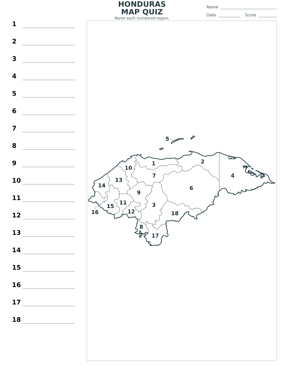Cuestionario de departamentos: Honduras con 18 departamentos con números.