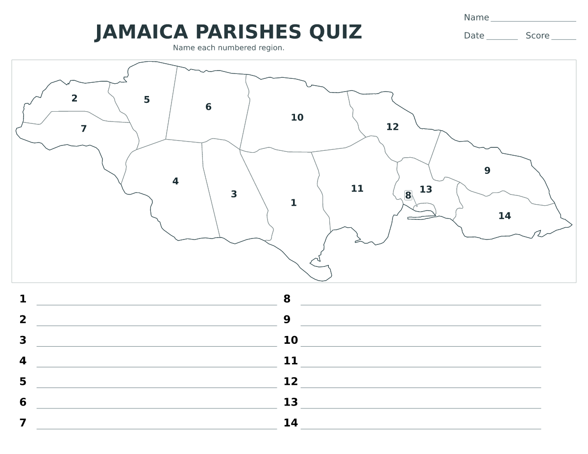 Cuestionario de parroquias: Jamaica con 14 parroquias con números.