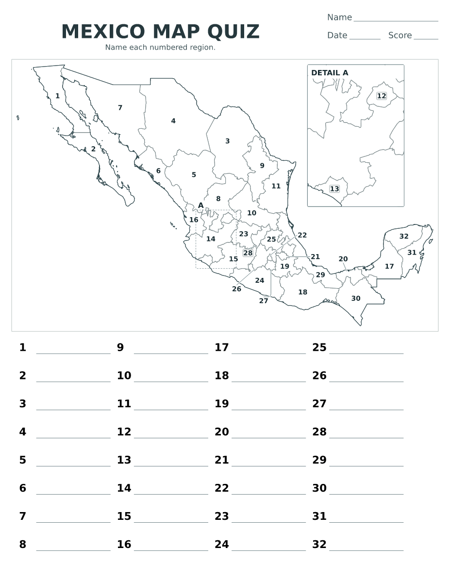 Cuestionario imprimible del mapa de Mexico con 32 regiones numeradas.