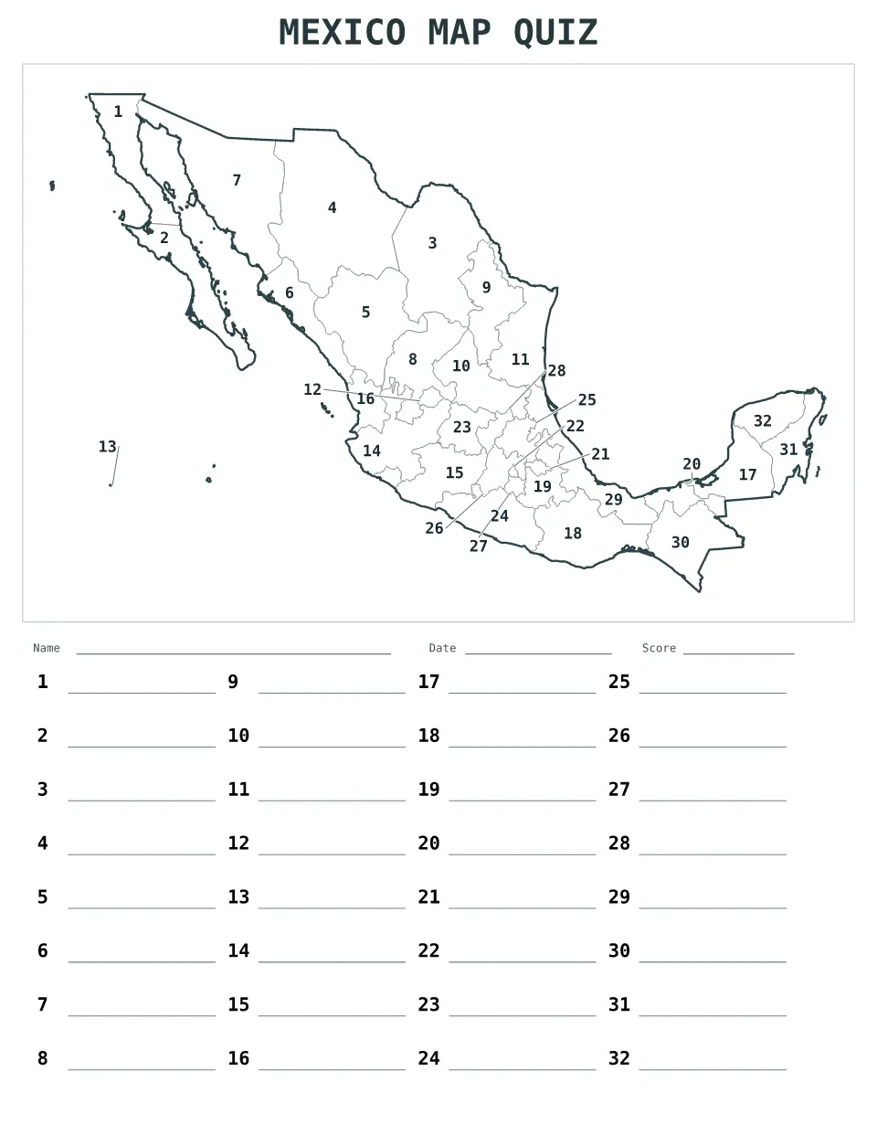 Mexico Numbered quiz map preview