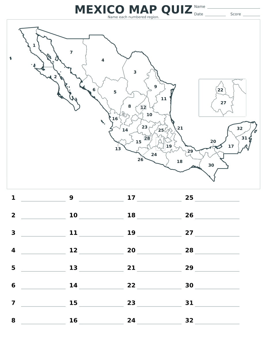 Quiz cartographique imprimable pour Mexico avec 32 régions numérotées.