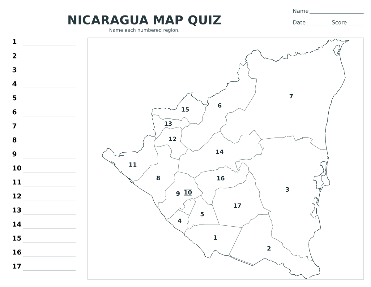 Cuestionario imprimible del mapa de Nicaragua con 17 regiones numeradas.