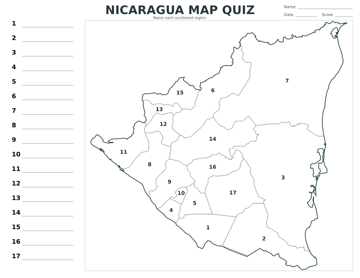 Cuestionario imprimible del mapa de Nicaragua con 17 regiones numeradas.