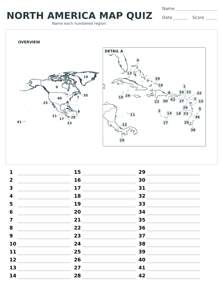 North America Countries and Territories Quiz with 42 numbered countries and territories.