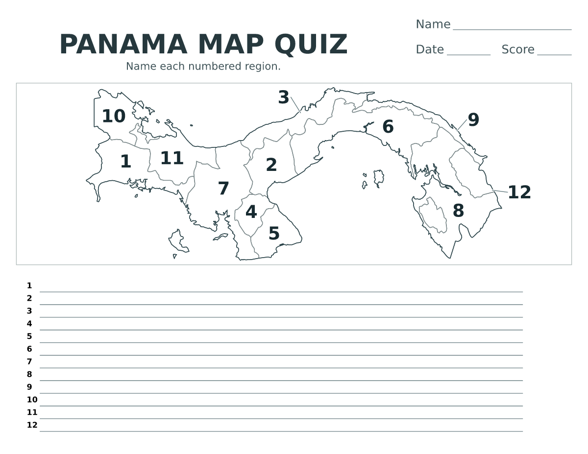 Cuestionario imprimible del mapa de Panama con 12 regiones numeradas.