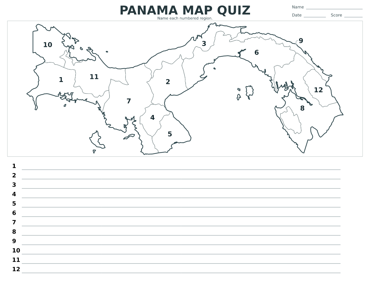 Quiz cartographique imprimable pour Panama avec 12 régions numérotées.