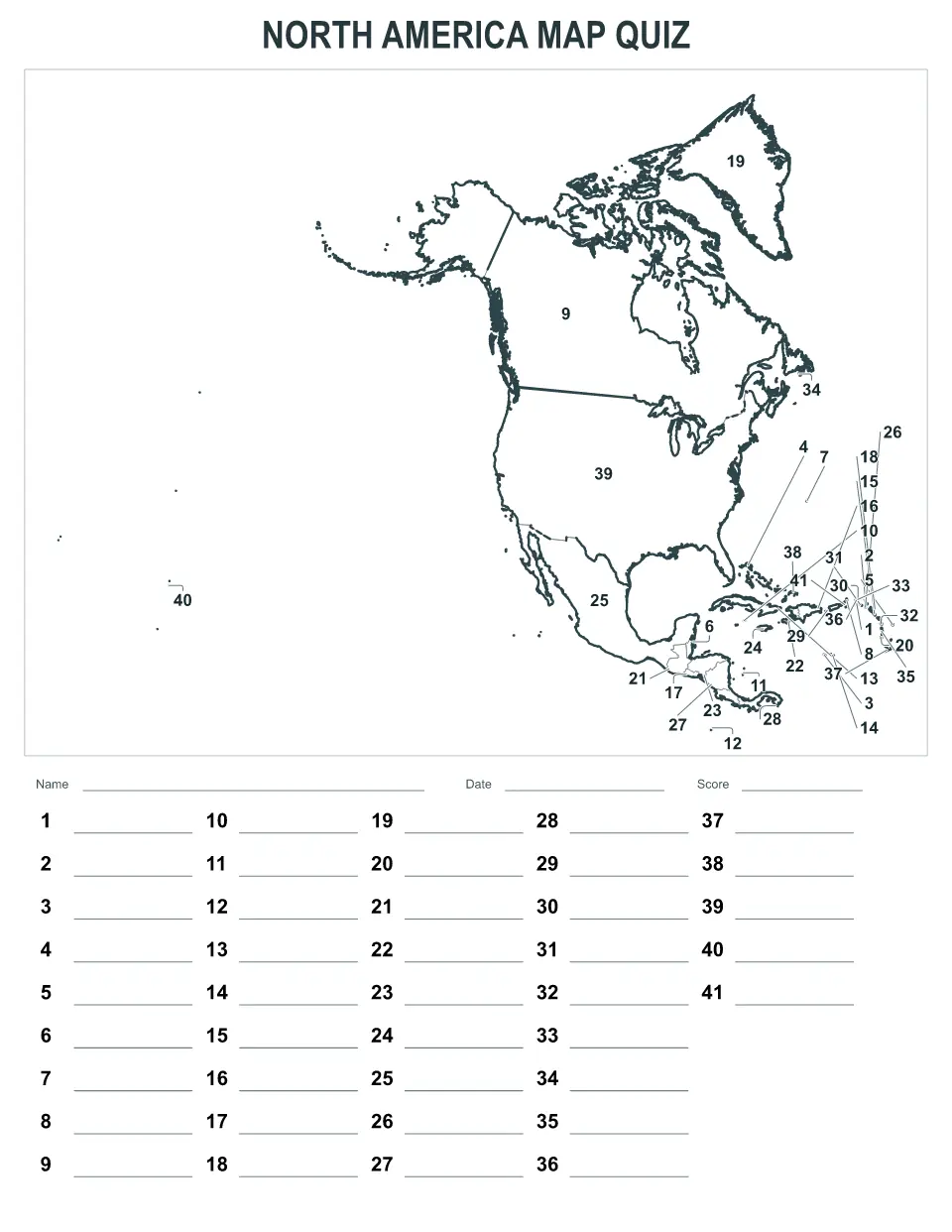 Vista previa del mapa Cuestionario numerado de North America