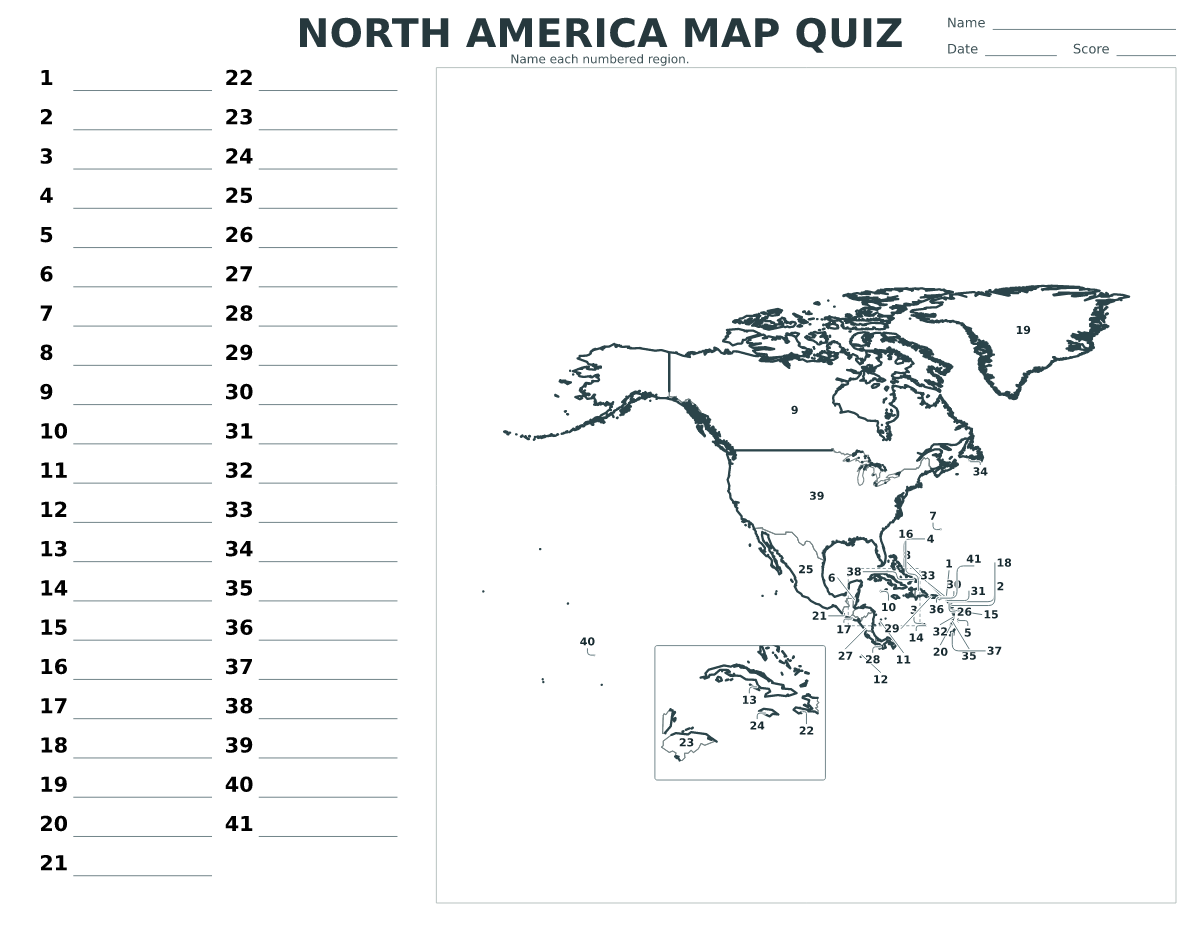 North America Countries and Territories Quiz with 41 numbered countries and territories.