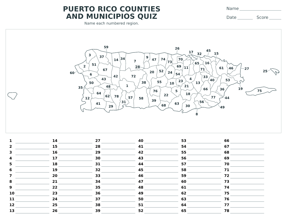 Cuestionario imprimible del mapa de Puerto Rico, Puerto Rico con 78 regiones numeradas.