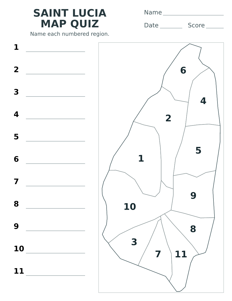 Cuestionario imprimible del mapa de Saint Lucia con 11 regiones numeradas.