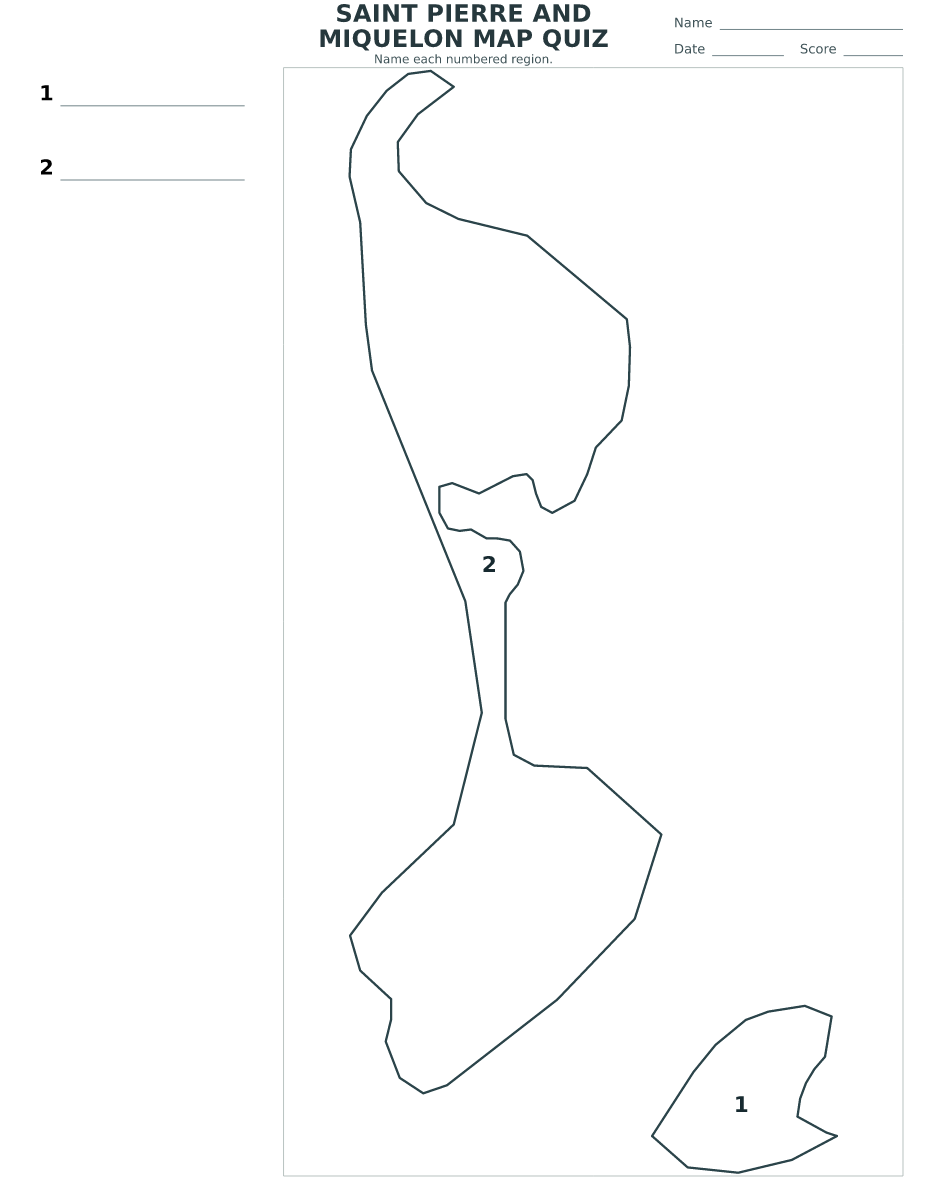 Cuestionario imprimible del mapa de Saint Pierre and Miquelon con 2 regiones numeradas.