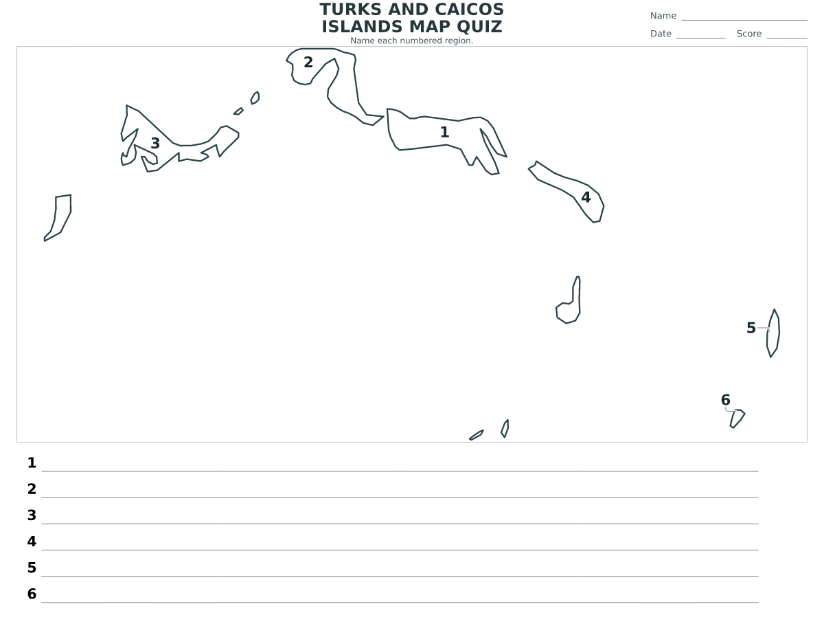 Turks and Caicos Islands map quiz with 6 numbered regions.