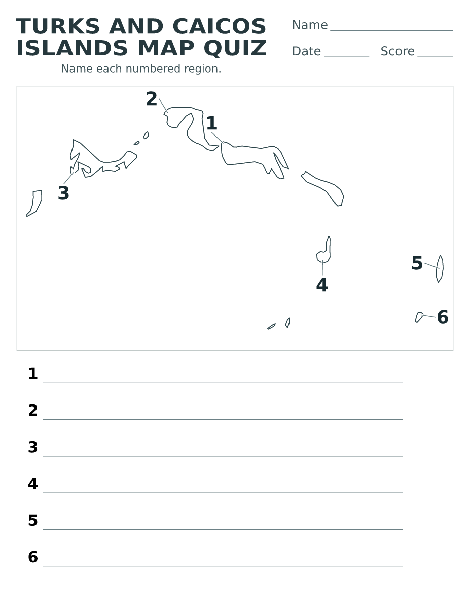 Cuestionario imprimible del mapa de Turks and Caicos Islands con 6 regiones numeradas.