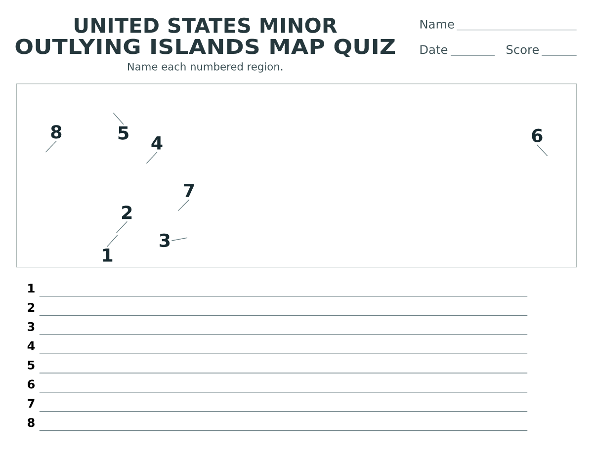 Cuestionario imprimible del mapa de United States Minor Outlying Islands con 8 regiones numeradas.