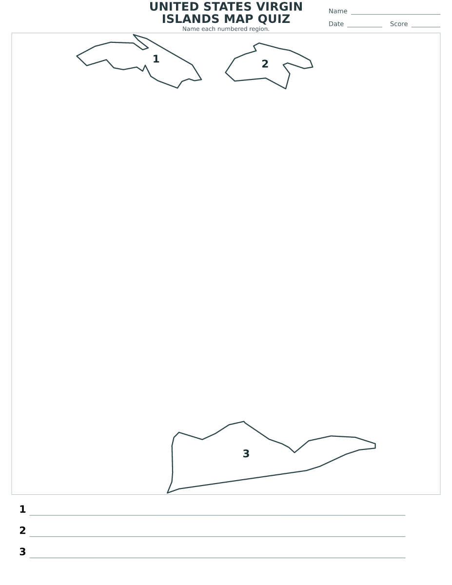United States Virgin Islands map quiz with 3 numbered regions.