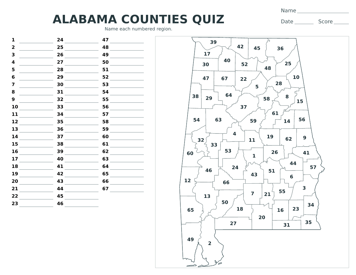 Cuestionario de condados: Alabama, United States con 67 condados con números.