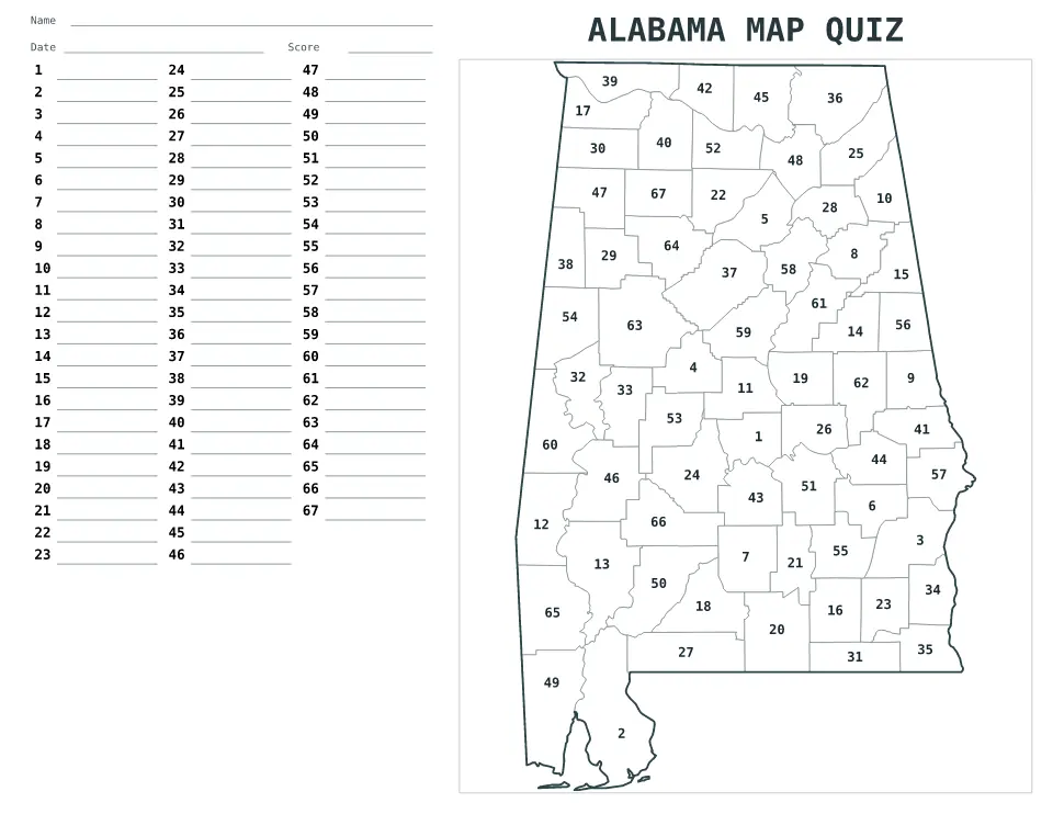 Aperçu de la carte Quiz numéroté de Alabama