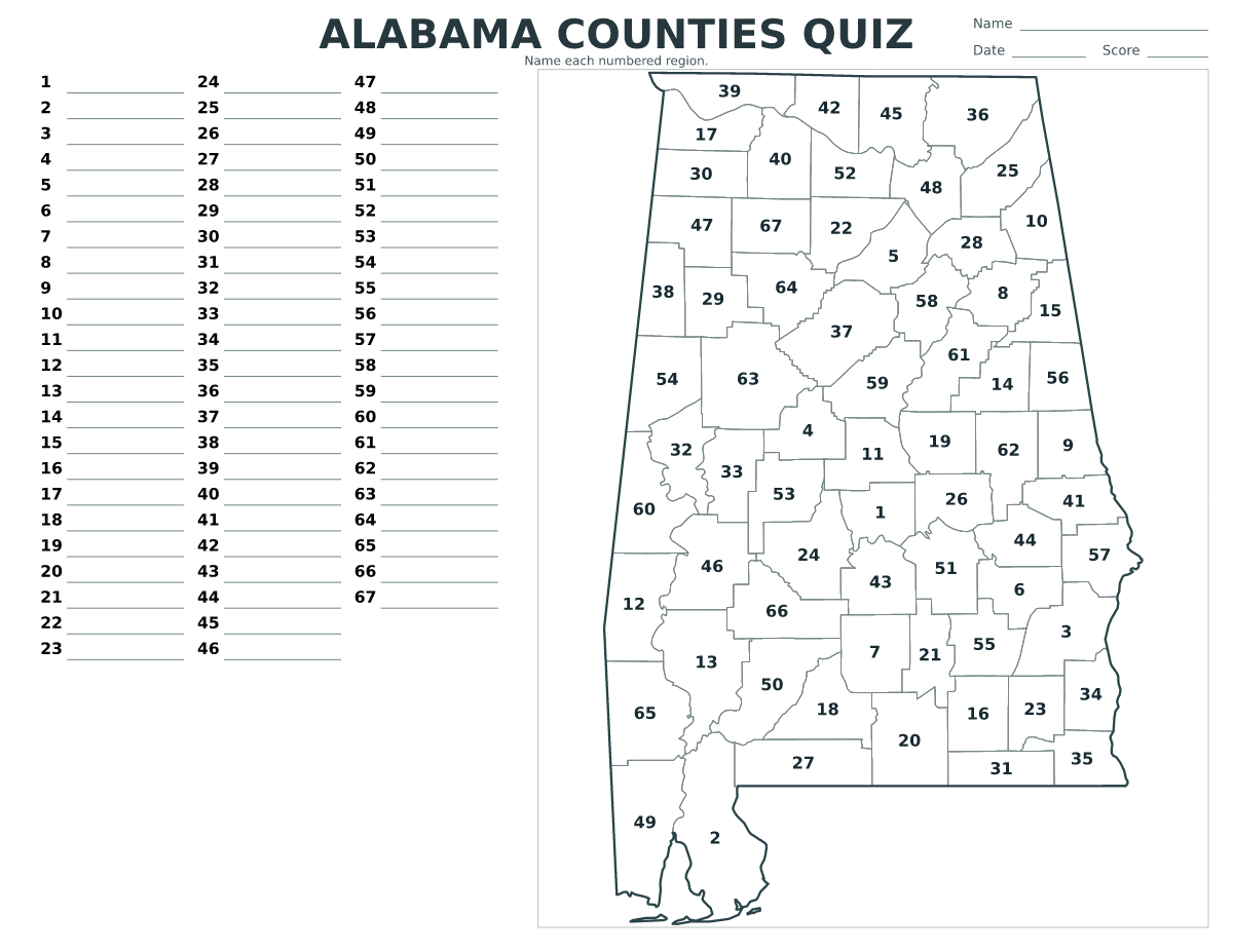 Quiz des comtés : Alabama, United States avec 67 comtés avec numéros.