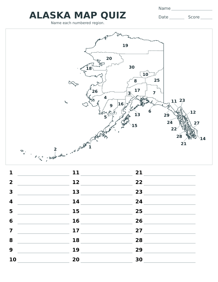 Cuestionario imprimible del mapa de Alaska, United States con 30 regiones numeradas.