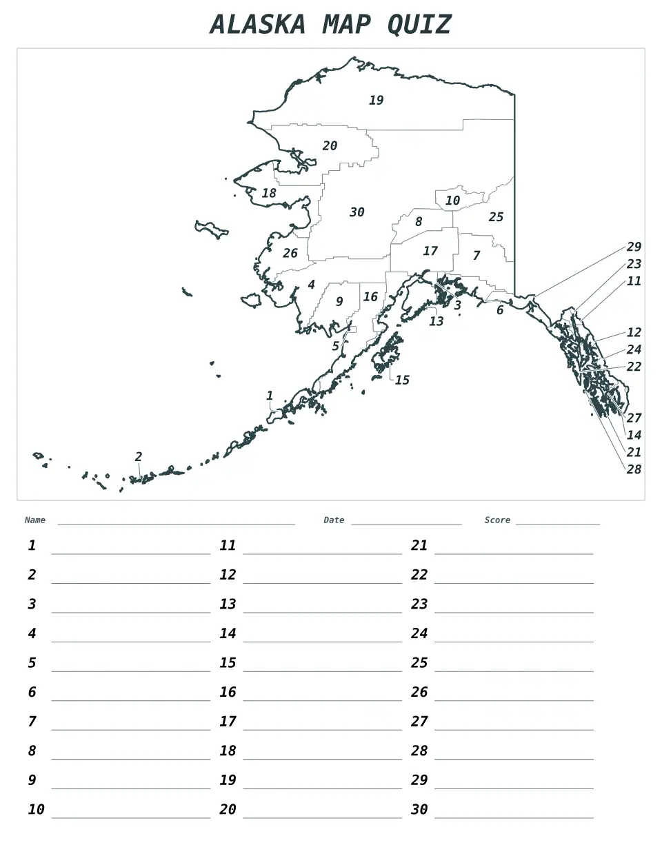 Alaska Numbered quiz map preview