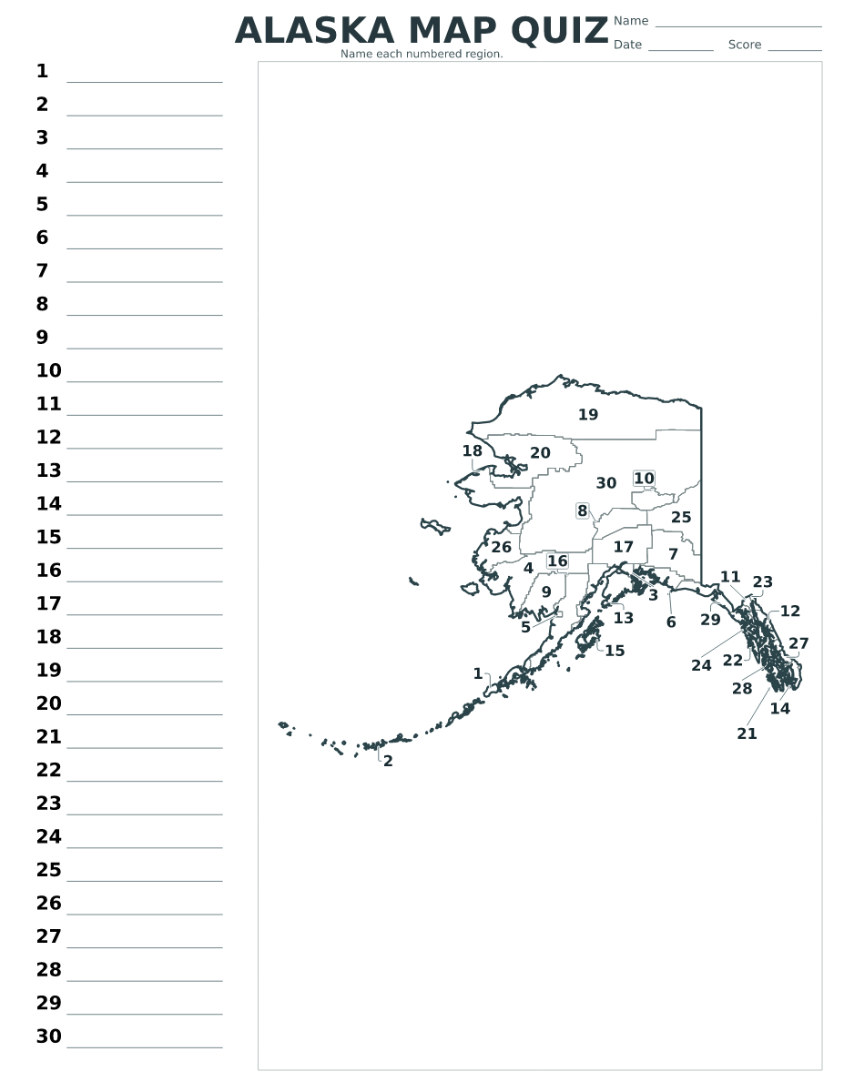 Cuestionario imprimible del mapa de Alaska, United States con 30 regiones numeradas.